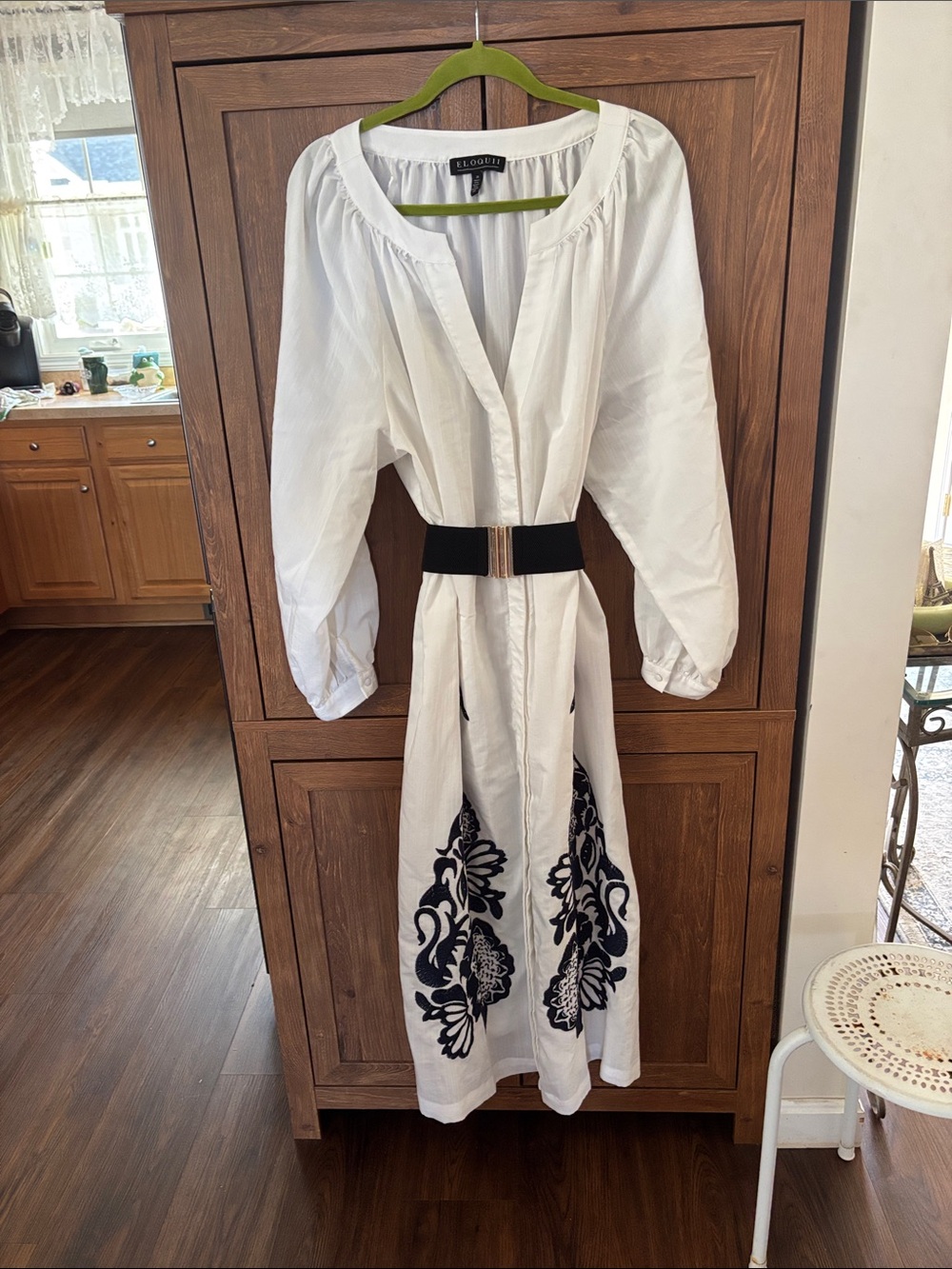 Eloquii White Midi Dress with Black Floral Embroidery and Belt